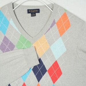 Brooks Brothers Mens XL Grey Argyle Cashmere Blend V-Neck Sweater Long Sleeve
